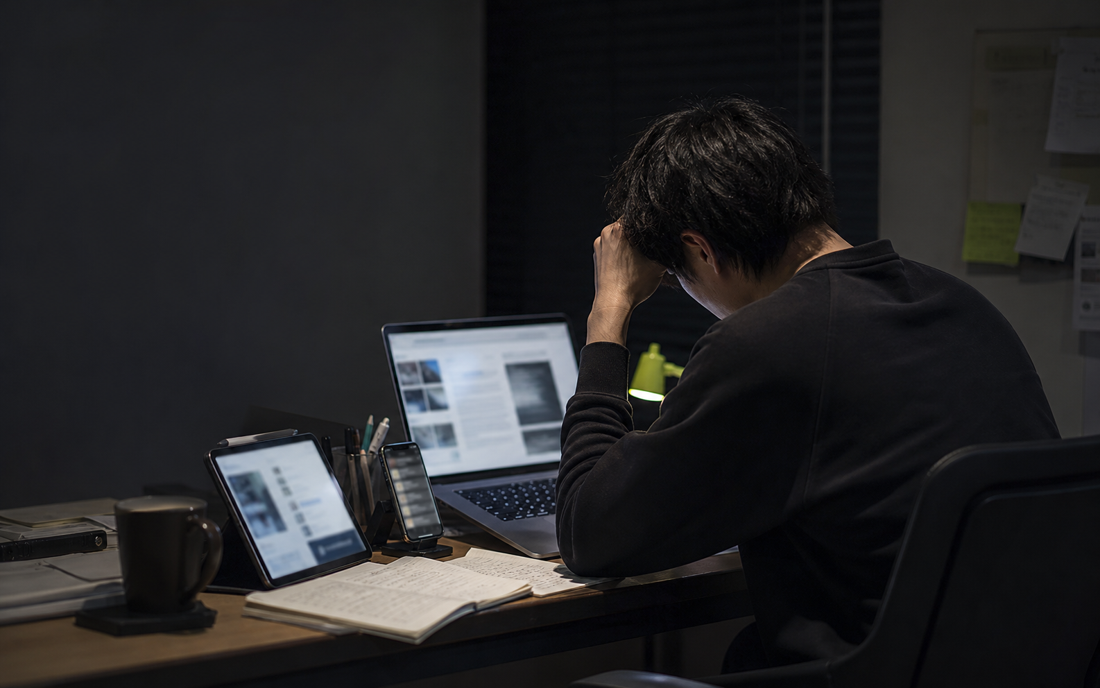 一位开发者深夜在电脑、平板和手机之间寻找资讯，面对分散的信息感到疲惫